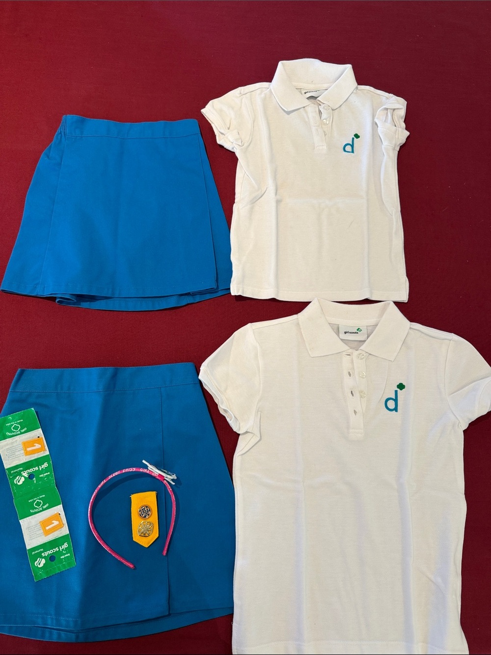 Girl Scout Daisy White Polo Shirts & Bright Blue Skirts  with accessories- Girls